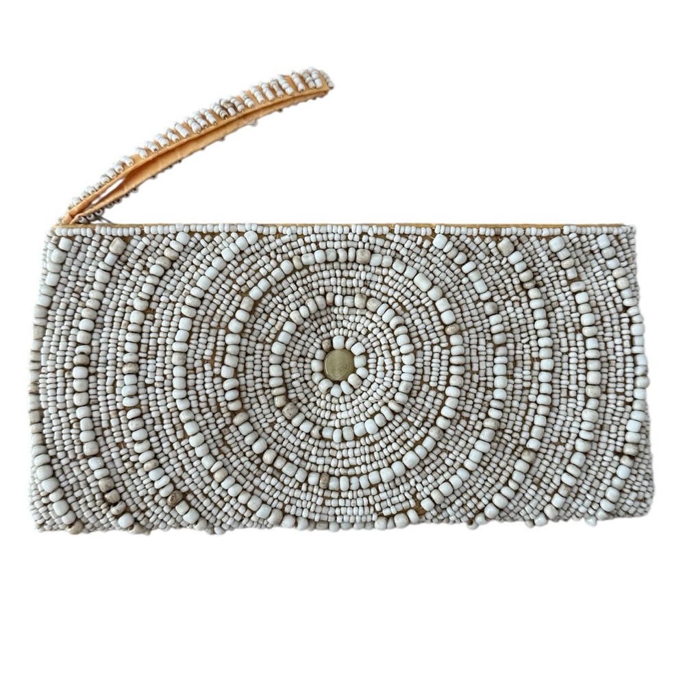 Beaded Cream Wristlet Clutch Zip Pouch Boho Concentric Circle Evening Vintage